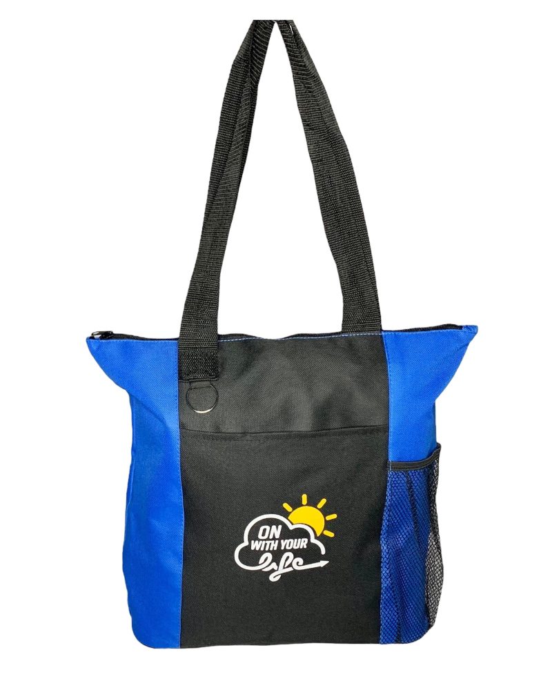 A blue and black bag with an image of sun