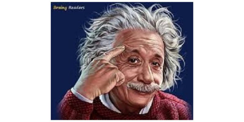 A painting of albert einstein with his finger raised to the side.